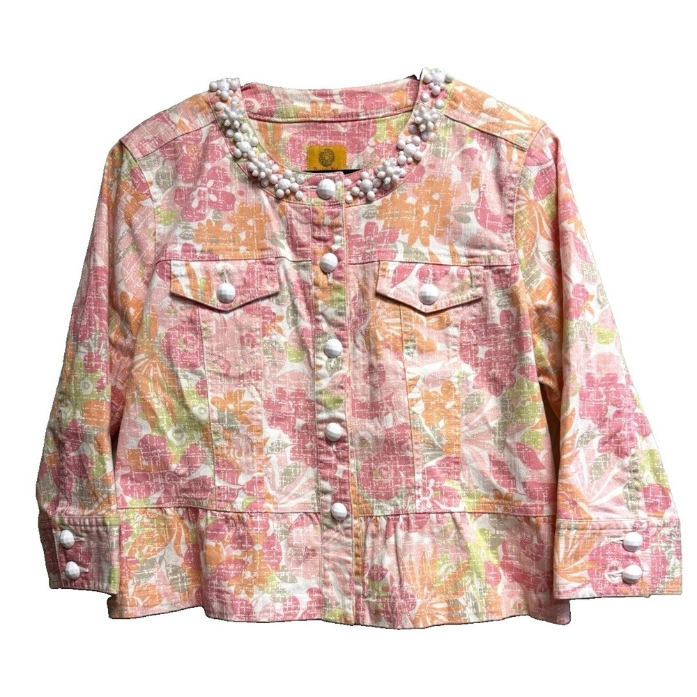 Ruby Rd Petite 12P Floral Beaded Embellished Cotton Jacket Pink Orange